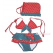Peacock Blue Red White Dots Bikni Swimming Suit with Swim Cap SW86